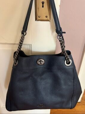COACH TurnLock Navy  Pebbled Leather Shoulder Bag with Chain Handles